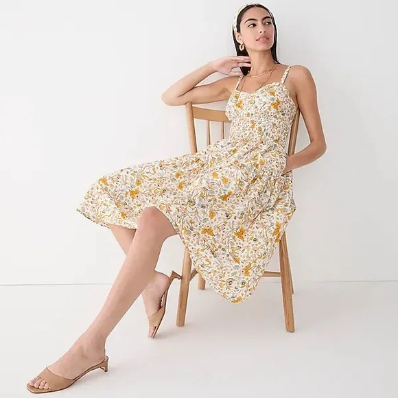 J. Crew | Dresses | J Crew Boho Smocked Waist Ivory Floral Poplin Ford Midi  Dress Nwt Sz 2 | Poshmark